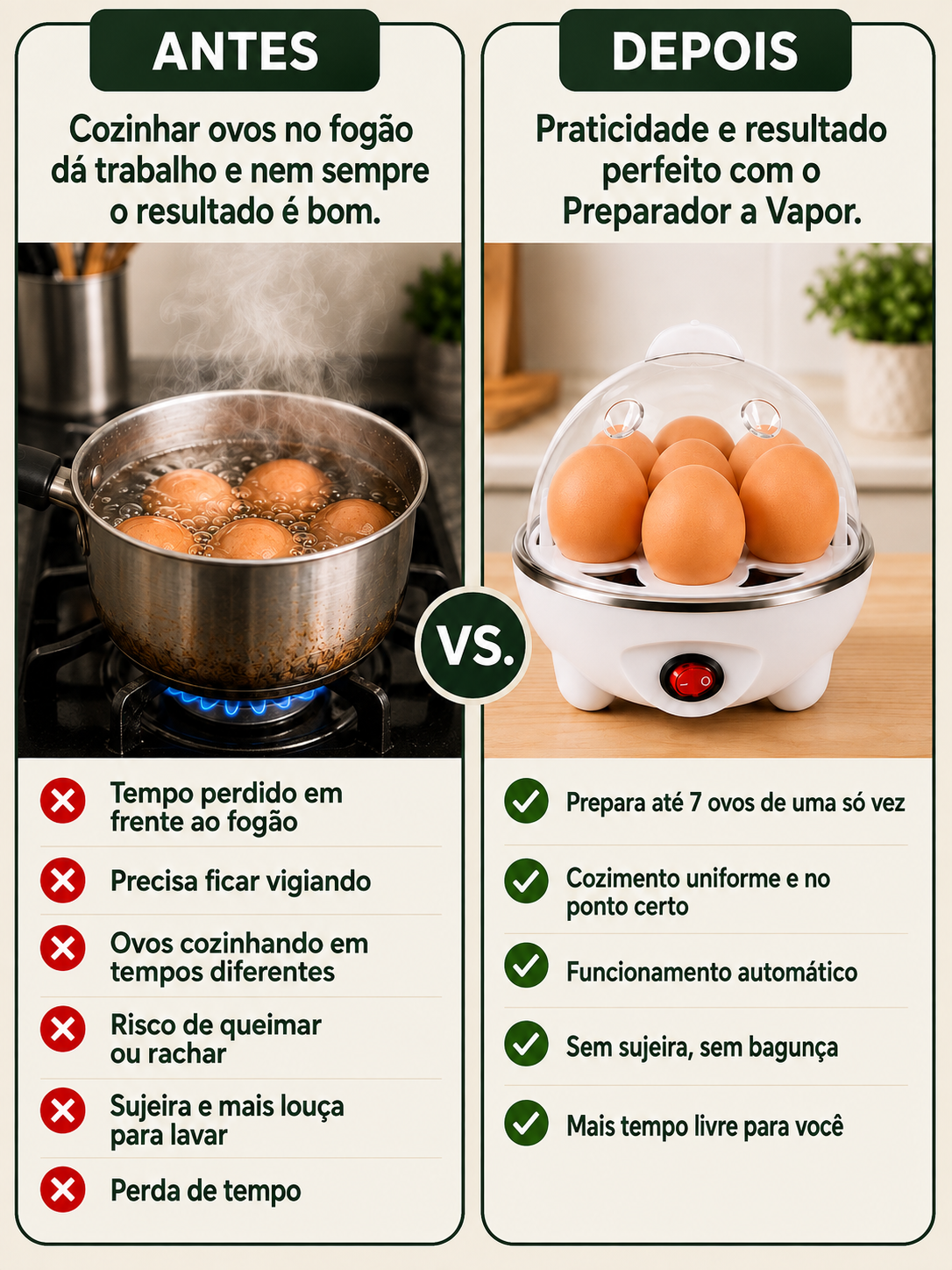 Cozedor de ovos compacto com ovos posicionados no suporte
